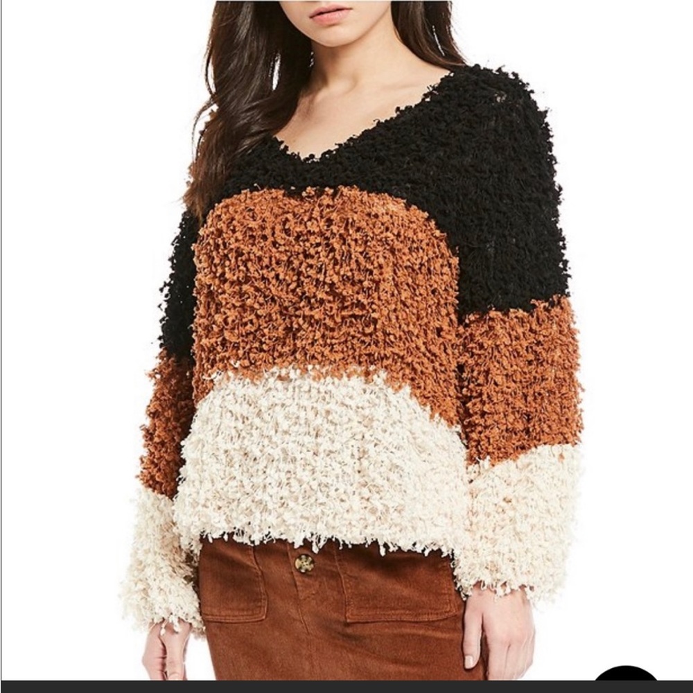 Blu Pepper fuzzy bold stripe V-neck large sweater